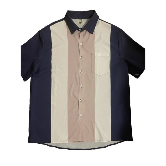 Hardaddy Men's Retro Bowling Shirt Short Sleeve Stripe Button Up Pink Blue Large - Picture 2 of 6